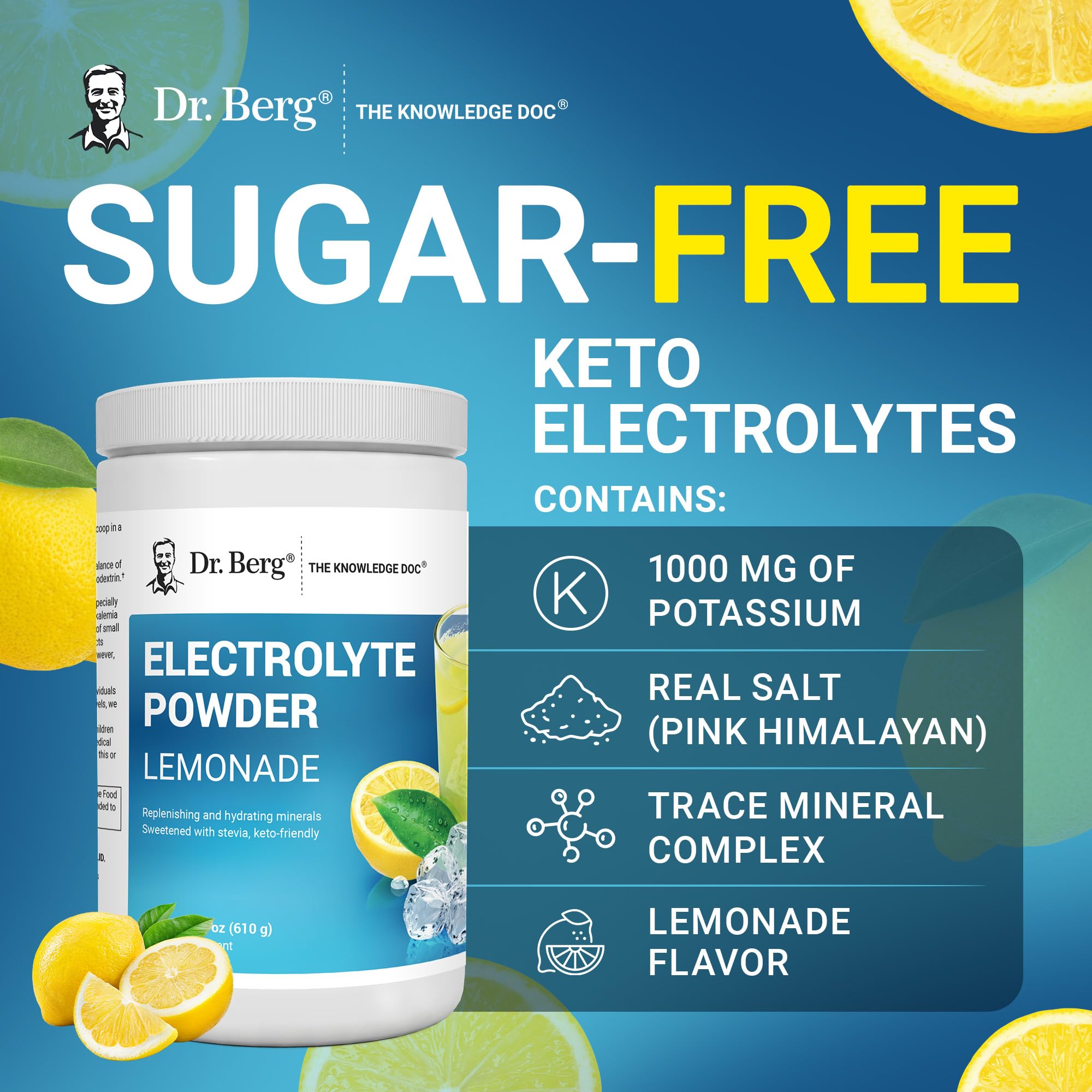 Dr. Berg Zero Sugar Hydration Keto Electrolyte Powder - Enhanced w/ 1000 mg of Potassium & Real Pink Himalayan Salt (NOT Table Salt) - Lemonade Flavor Hydration Drink Mix Supplement - 100 Servings