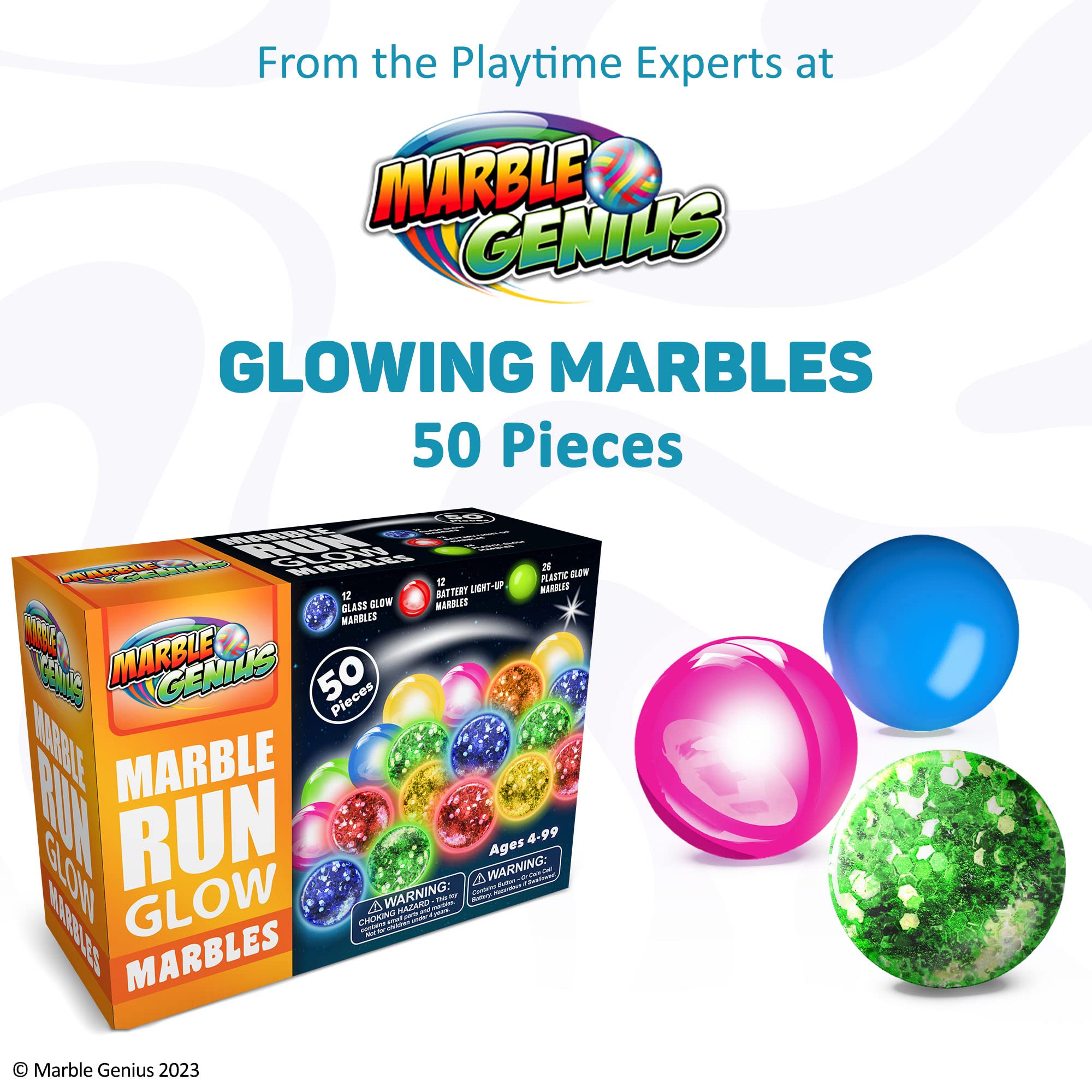 Marble Genius Glow in The Dark Marbles for Marble Run - 50 Pieces, Multicolor, Medium, Ages 4 & Up - Light-Up LED Orbs for Race Track & Colorful Play