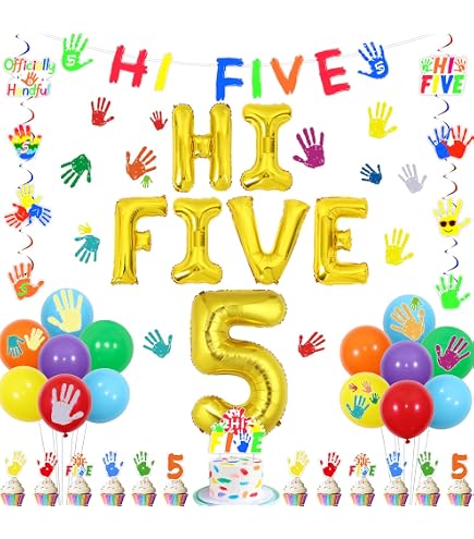 Kreat4joy 'Officially A Handful' Cake Topper - Handprint Themed Decoration For 5th Birthday (Hi Five Party)
