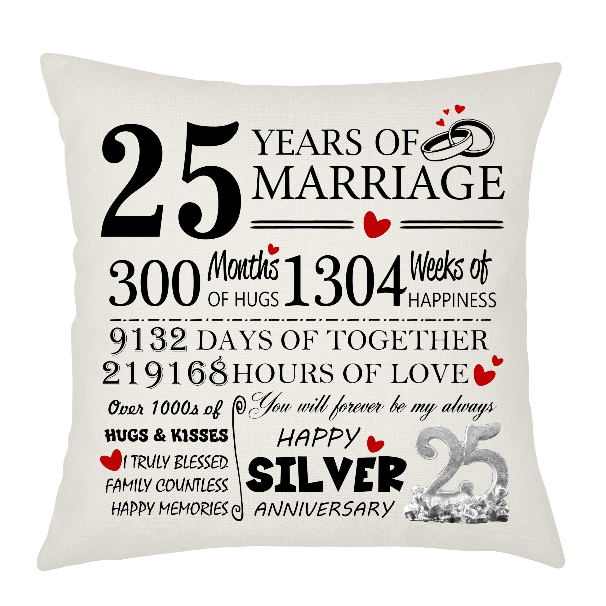 Weosan 25th Wedding Anniversary Silver Anniversary Cushion Cover - Gift for Wife or Husband - 25 Years of Marriage Keepsake Present - Elegant 45x45cm Pillow Case (25 Years of Marriage)