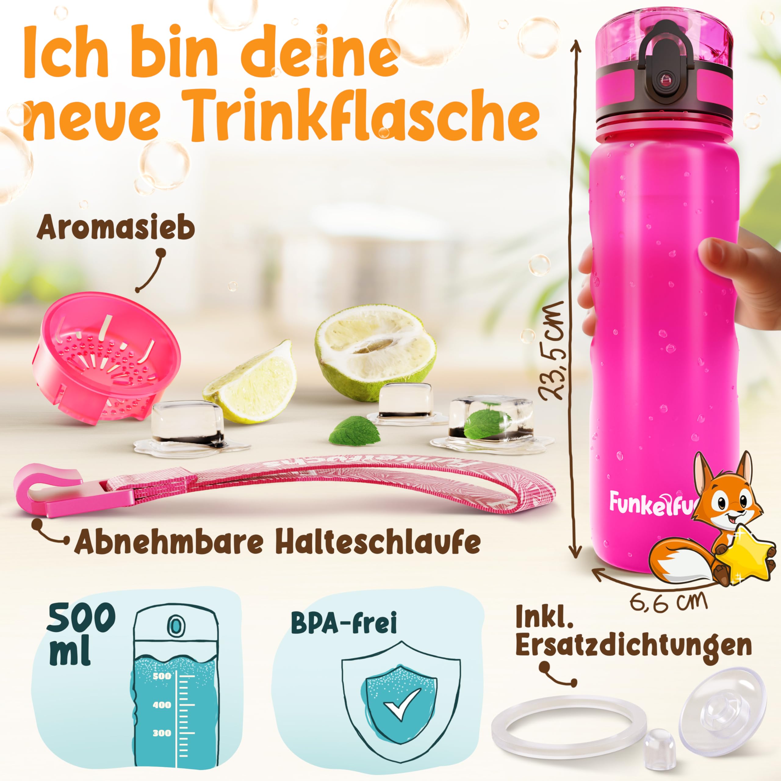 Funkelfuchs®- Trinkflasche für Kinder – 500ml, Pink – Kohlensäure geeignet - 100% auslaufsicher - Wasserflasche spülmaschinenfest - für Kindergarten, Einschulung, Schule, Sport 2