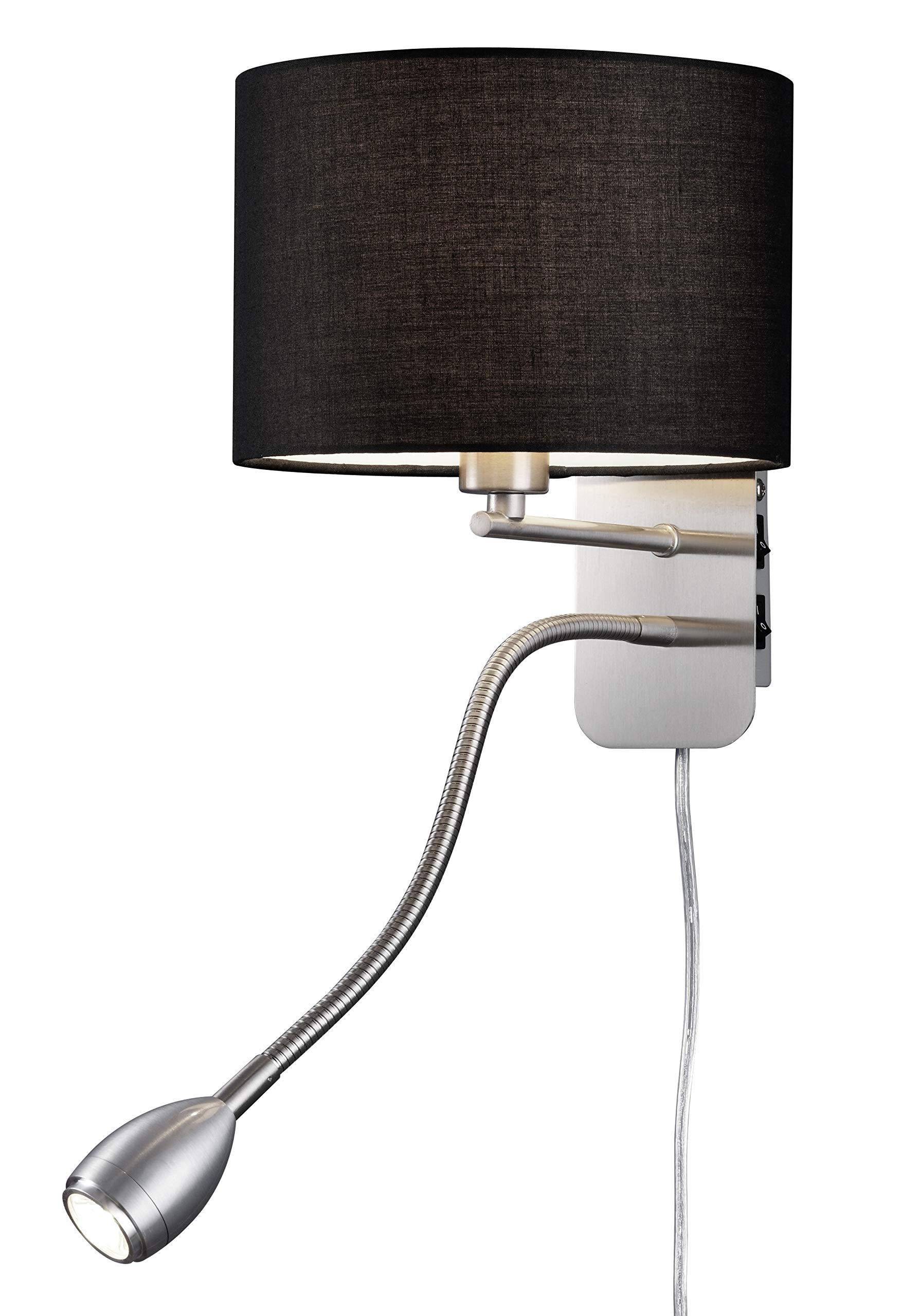Trio Leuchten Wall Light with Adjustable Reading Light in Matt Nickel, White Fabric Shade 271170201, Schirm Schwarz 3 wattsW