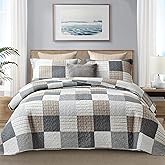 Finlonte King Quilt Bedding Set - 100% Cotton King Size Comforter, Plaid Quilted Bedspread Farmhouse Country Bed Spread, Lightweight Reversible King Quilt Sets All-Season, Gray/Brown/Black/White, 3Pcs