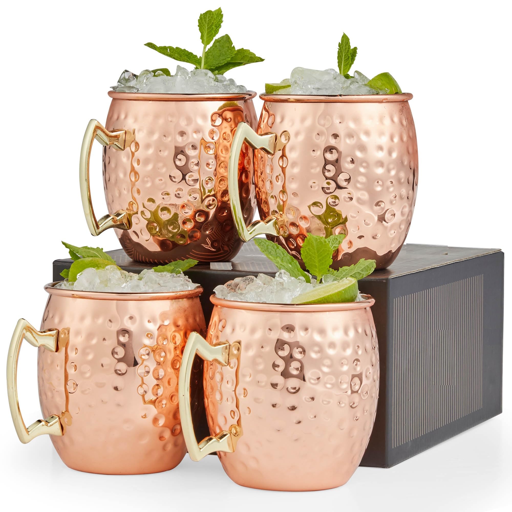 PR INTERNATIONAL Copper Moscow Mule Mugs Set of 4 Steel Copper Hammered Look Moscow Mule Mug 18oz Perfect for Any Chilled Beverage