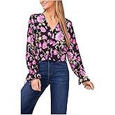 CeCe Womens Floral Printed Button Front Long Sleeve Top