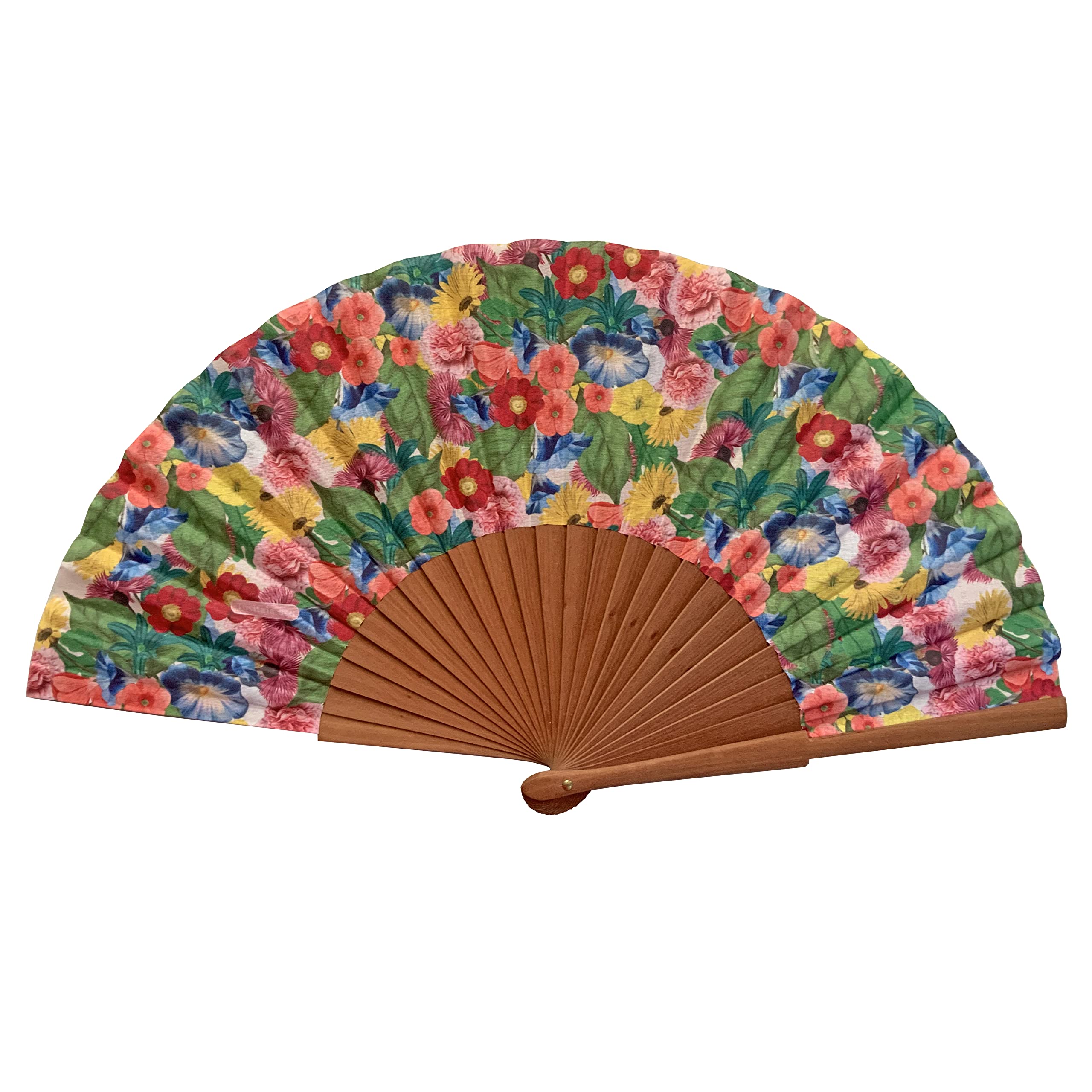 Frida Spanish Fan - Wood and Cotton - 23 cm - Jute Case and Case - Fashion Accessory - Handmade in Spain - Events and Gifts - Flowers Collection - Tusitala Barcelona
