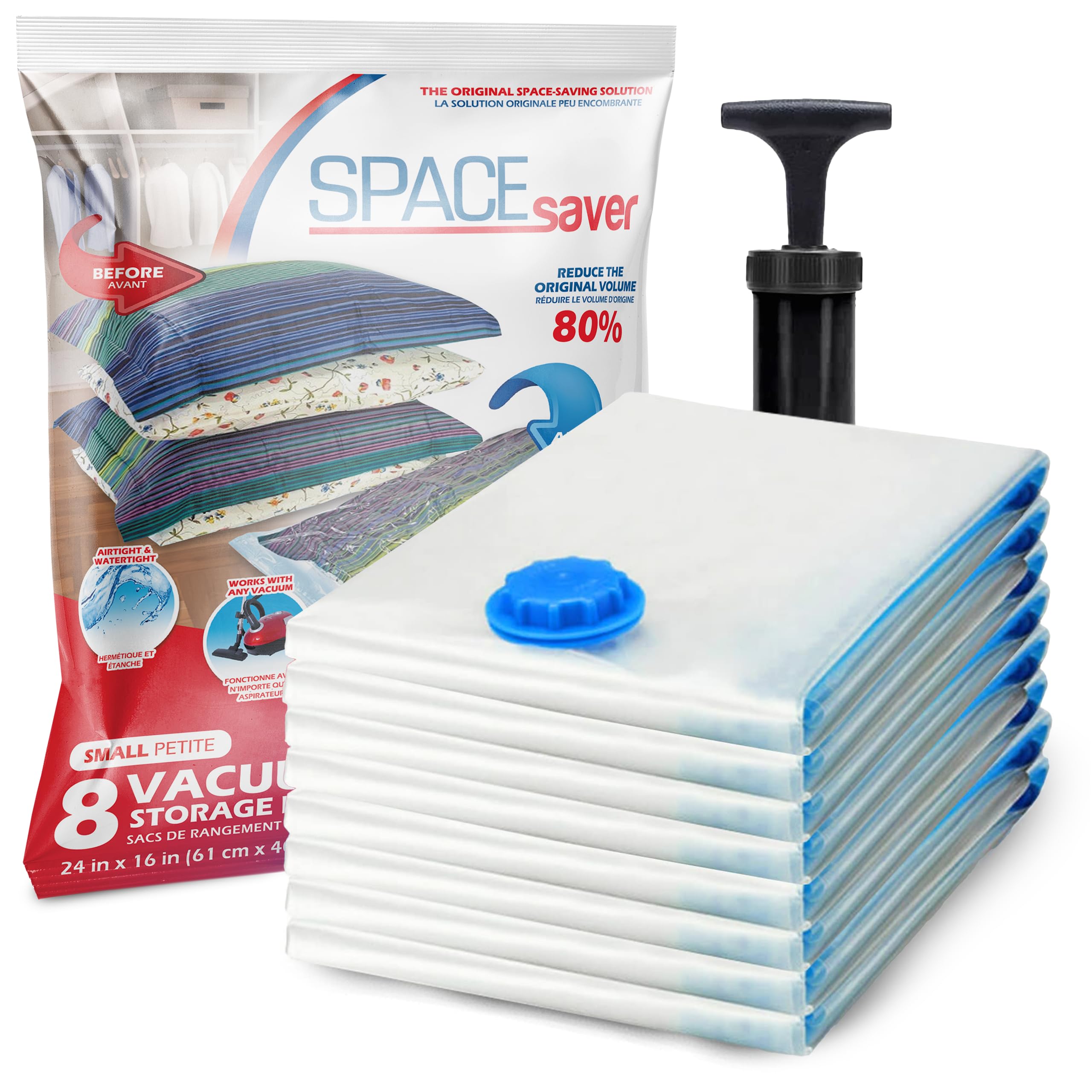 SpaceSaver Vacuum Storage Bags - Clothes Storage Bag Vacuum Pack - Space Saver Vacuum Storage Bags for Clothes Storage, Vacuum Bags for Bedding - Vacuum Bags for Clothes - with Pump (SMALL 8-Pack)