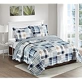 Brilliant Sunshine Blue Plaids and Stripes Patchwork, 3-Piece Quilt Set with 2 Shams, Reversible Bedspread, Soft Lightweight Coverlet, All-Season, Full/Queen, Blue