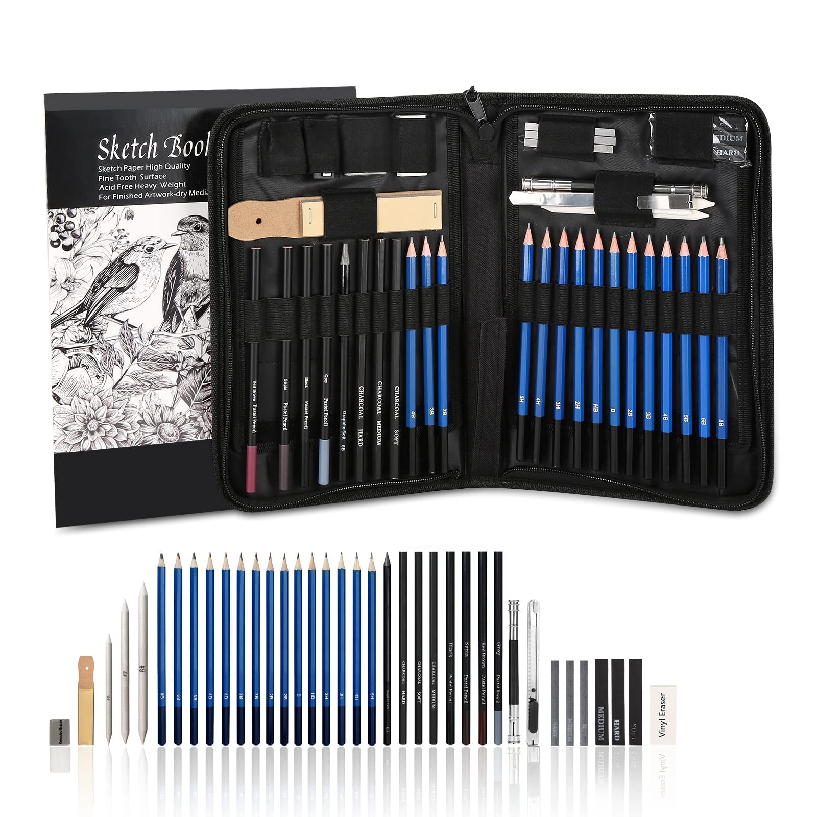 AGPTEK Sketching Pencils Set in Travel Carry Case with 60 Sheet Sketch Pad (41PCS), Professional Art Set, Great for Beginner & Professional