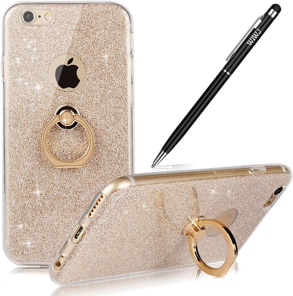 iPhone 6S Plus Case iPhone 6 Plus Case,WIWJ Soft Cover Case 360 Degree Rotating Kickstand Phone Shell with Finger Loop Flexible Case Sparkle Bling Glitter Phone Case for iPhone 6S Plus/6 Plus-Gold