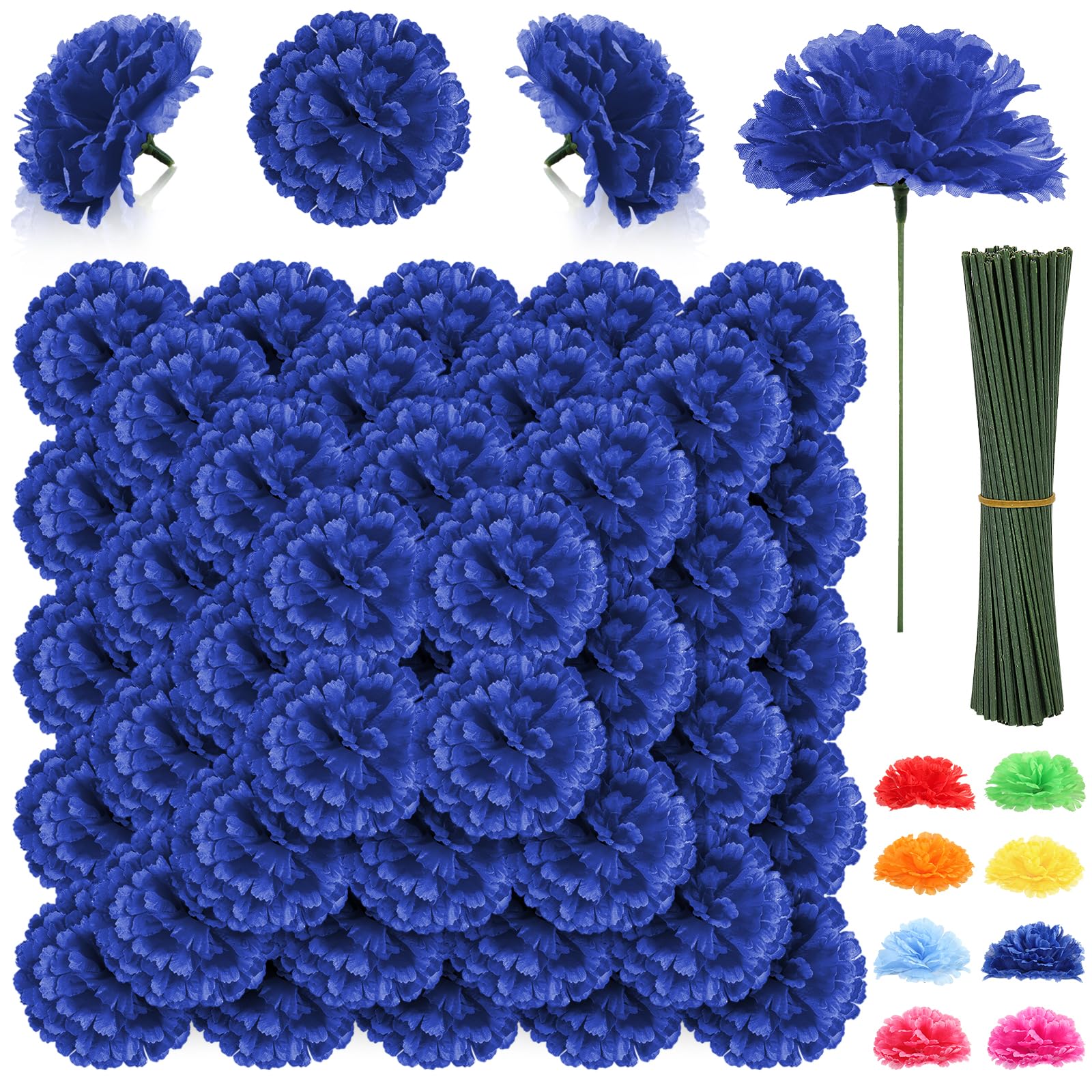 Photo 1 of 108pcs Carnation Head Flowers with Stem, Royal Blue Artificial Flowers Carnation Bulk - 3.5" Blue Silk Carnations Fake Flower for Bridal Wedding Bouquet Tables Centerpieces Grad Party Cemetary Decor