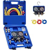 OMT 3-Way AC Manifold Gauge Set for R410A R32 R22 R454B, 5ft Hoses | Includes R410 R12/R22 Safety Valves R410A R32/R454B Adapters Valve Core Wrench; Solid Brass Build; For Auto Freon Recharge