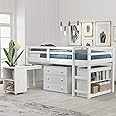 Harper & Bright Designs Twin Loft Bed with Desk, Low Study Loft Bed Frame with Storage Cabinet and Rolling Portable Desk for Kids and Teenagers, Twin Size, White