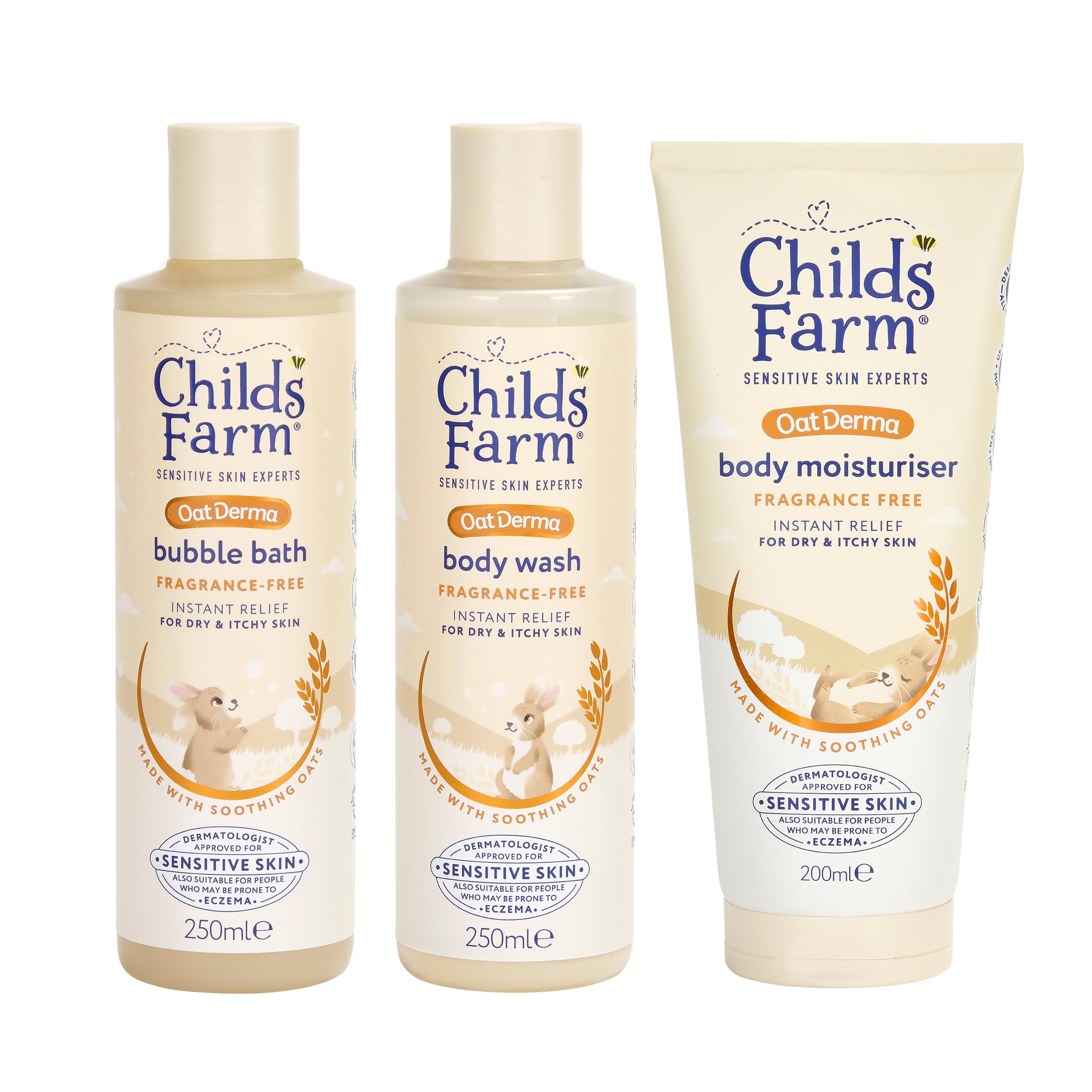 Childs Farm OatDerma Regime Bundle | Baby Bubble Bath (250ml), Body Wash (250ml) and Body Moisturiser (200ml) | Suitable for Newborns, Kids and Adults with Sensitive, Dry, Itchy & Eczema-Prone Skin