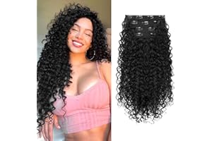 Clip in Hair Extensions, FLUFYMOOZ 4PC 100％ Pure Protein Silk Hair Extensions Long Soft Natural Hairpiece 20 Inch Curly Hair Extension for Women (Black)