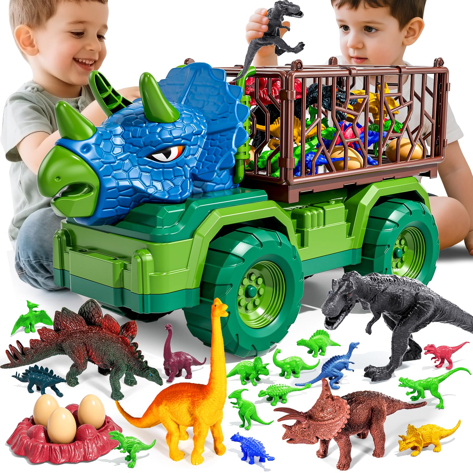 Guminnara 22 in 1 Triceratops Dinosaur Truck Toys for Kids Boys Ages 3-5-7 4-8, Dino Carrier Truck with 18 Jurassic Dino Figures, 3 Dinosaur Eggs, 3 4 5 6 7 8 Year Old Toddler Boy Girl Birthday Gifts