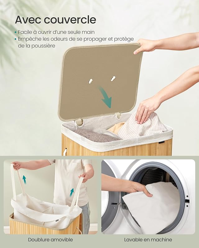 Panier à Linge avec Couvercle, 120 L, en Bambou, Pliable