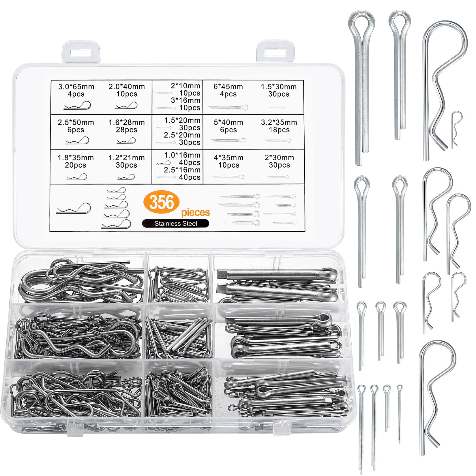 356 Pcs Cotter Pins Assorted and R Clips Assortment Kit, Split Pins Set, R Type Spring Split Cotter Pin Retaining Pins, R-Clip Spring Locking Pins Fastener for Auto Machinery