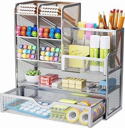 Marbrasse Mesh Desk Organiser Multifunctional Pen Holder Silver 26x23x10 cm