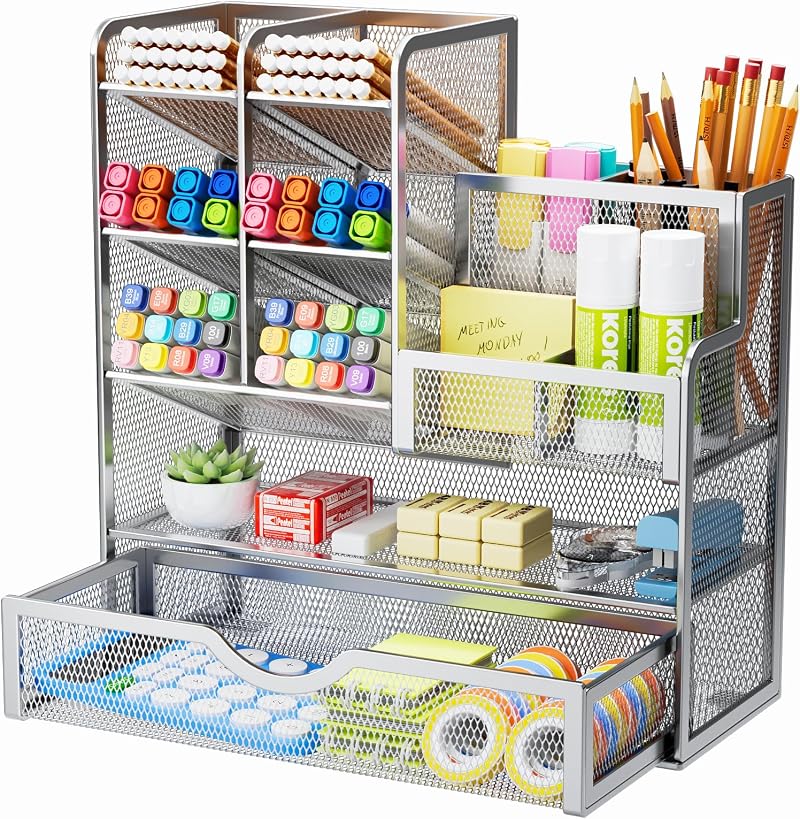 Marbrasse Mesh Desk Organiser Multifunctional Pen Holder Silver 26x23x10 cm