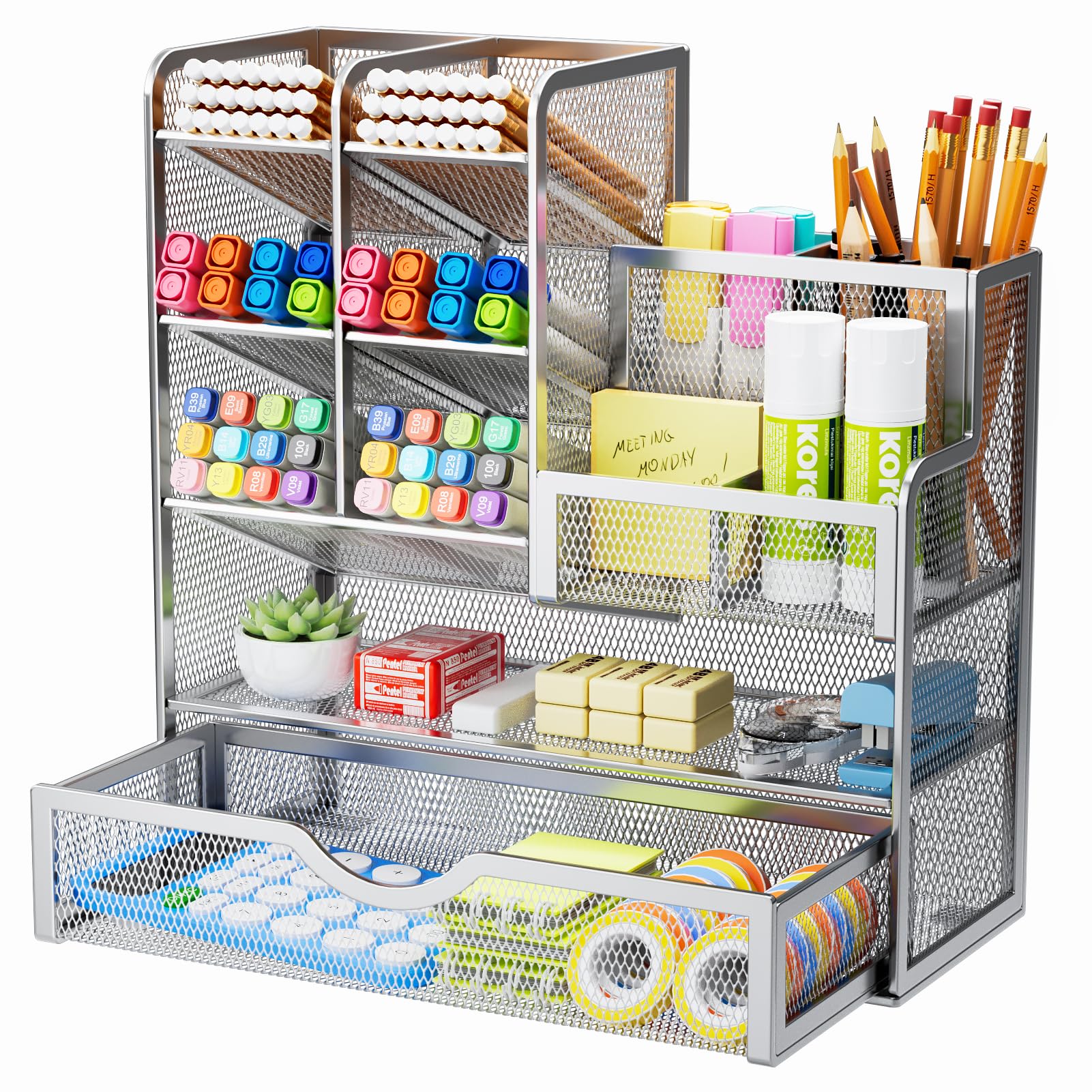 Marbrasse Mesh Desk Organiser,Stationary Organiser,Multifunctional Pen Holder,Desktop Storage and Drawer for Home Office (Silver)