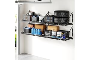 FLEXIMOUNTS 4-Pack 2x4ft Garage Wall Shelving - Heavy Duty Garage Storage System, 1320lbs Load Capacity with Brace Guardrail, Organization for Tools, Bins, Sports Equipment, Utility Room, Pro Series