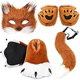 Newcotte 6 Pcs Faux Fur Fox Costume Women Adult Wolf Mask Tail Fluffy Paw Gloves Slipper Cosplay Gift for Valentine Day