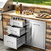 VEVOR Outdoor Kitchen Drawers 29.5"W x 22.6"H x 21.7"D Stainless Steel | Cabinets Trash Drawer/Door/Combo, for BBQ Island, Patio Grill Station, Access Door Drawers, Handle, Smooth Sliding Rail