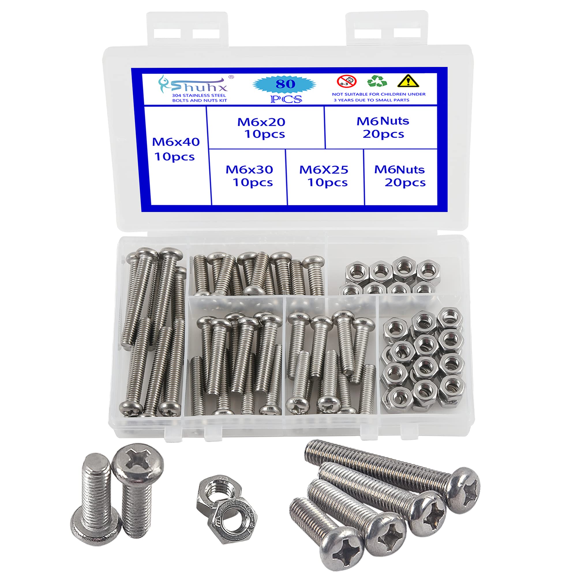 Rshuhx 80PCS M6 Bolts and Nuts Machine Screw and Nut 304 Stainless Steel Cross Pan Head Machine Round Head Screws Assortment Kit for Machine Furniture Toy Electronic Products Repair Fastener