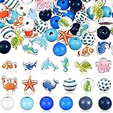 Glenmal 200 Pcs Ocean Beads Turquoise Beach Sea Animal Wood Beads Colorful Starfish Turtle Wooden Craft Round Spacer for Summer Home Garland Party Decor DIY Ornament