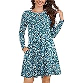 KORSIS Women Long Sleeve Tops T-Shirt Dresses Round Neck Casual A-Line Loose Swing Vocation Fall Winter Dress with Pockets