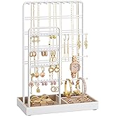 SONGMICS Jewelry Holder, Jewelry Organizer, Jewelry Display Stand with Metal Frame, Velvet Tray, Necklace Earring Bracelet Holder, for Studs, Rings, Gift Idea, Matte White UJJS028W01