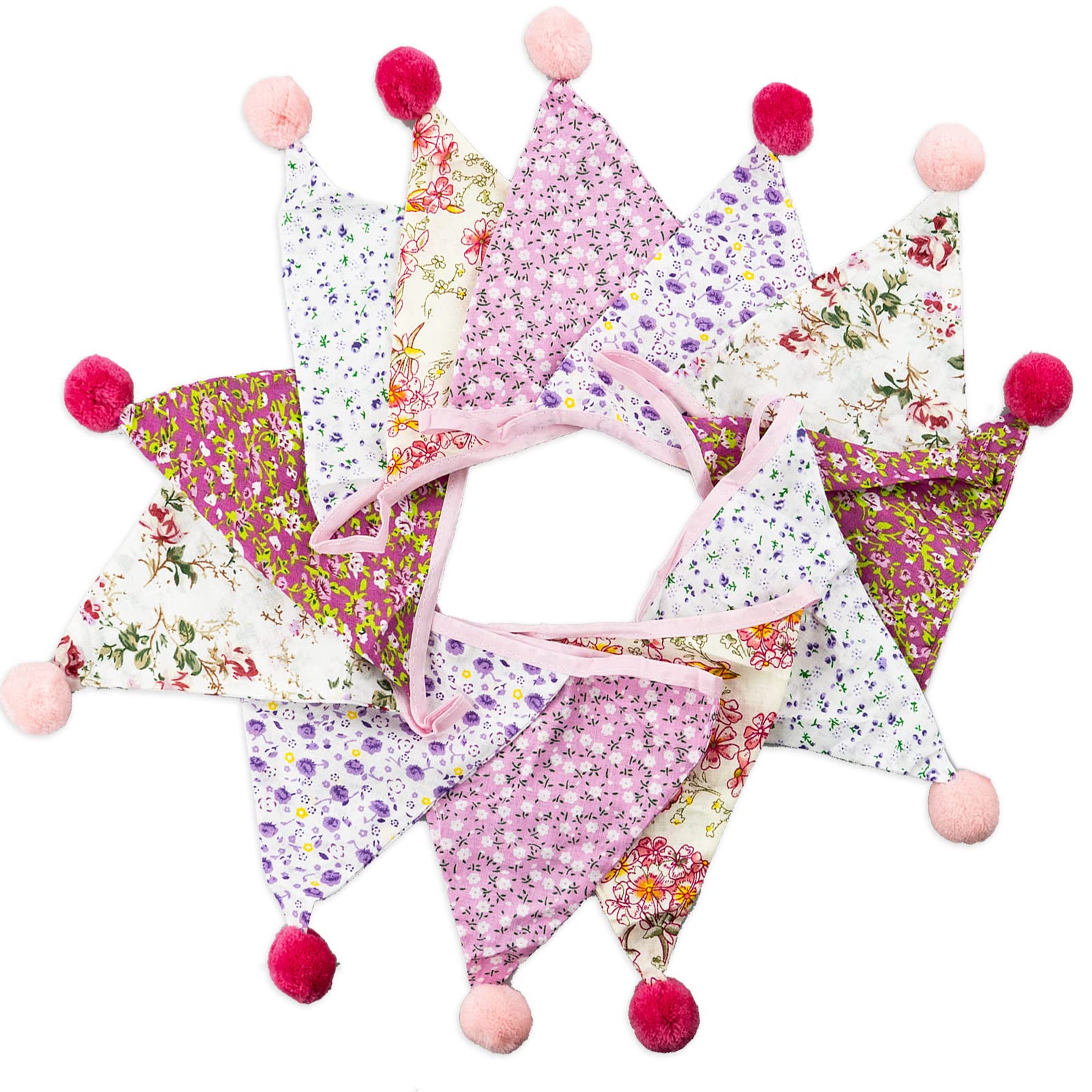 4M Fabric Bunting Banner with 12PCS Double Sided Cotton Pennants, 17x17CM Floral Triangle Garlands for Birthday Parties Ceremonies Kitchen Bedrooms Decoration-Multicolor