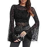 Simlakey Women Mesh Sheer Tops and Camisole Long Bell Sleeves Floral See Through Crop Tops Sexy Lace Shirts Going Out Blouses
