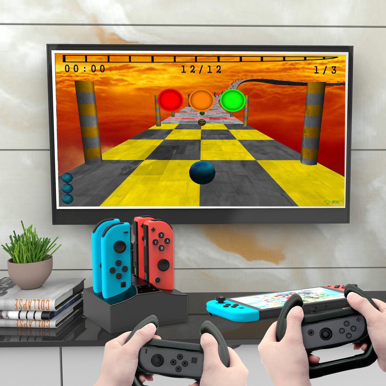 Joy-Con Charging Station Stand for Nintendo Switch 4 in 1 USB Powered Switch Charger Dock Station with Individual LED Indication Nintendo Switch Charger for Nintendo Switch Joycon Controllers-Black