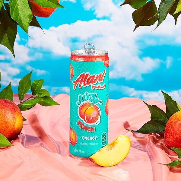 ALANI NU JUICY PEACH, SUGAR FREE, LOW CALORIE ENERGY DRINKS, 200MG CAFFEINE, BIOTIN, B VITAMINS, ZERO SUGAR, 10 CALORIES, 12 FL OZ CANS, 12 PACK