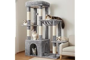 Heybly Heavy Duty Cat Tree, Tower for Indoor Cats Large Adult, Tall Cat Condo House with Extra-Large Baseboard, Multi-Level Plush Furniture with Scratching Posts, Hammock,Toy Balls,Light Gray HCT026W