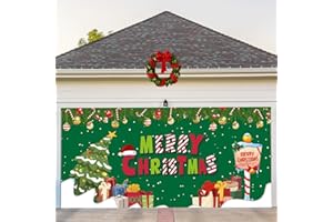 COSEVIER Christmas Garage Door Cover Banner, Green Christmas Tree Festival Large Hanging Backdrop, Merry Christmas Garage Wall Decorations for Holiday Party Décor, 7x16 FT