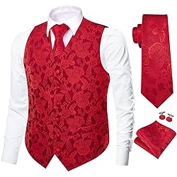 Dubulle Mens Suit Vest Tie Set Chinese Red Paisley