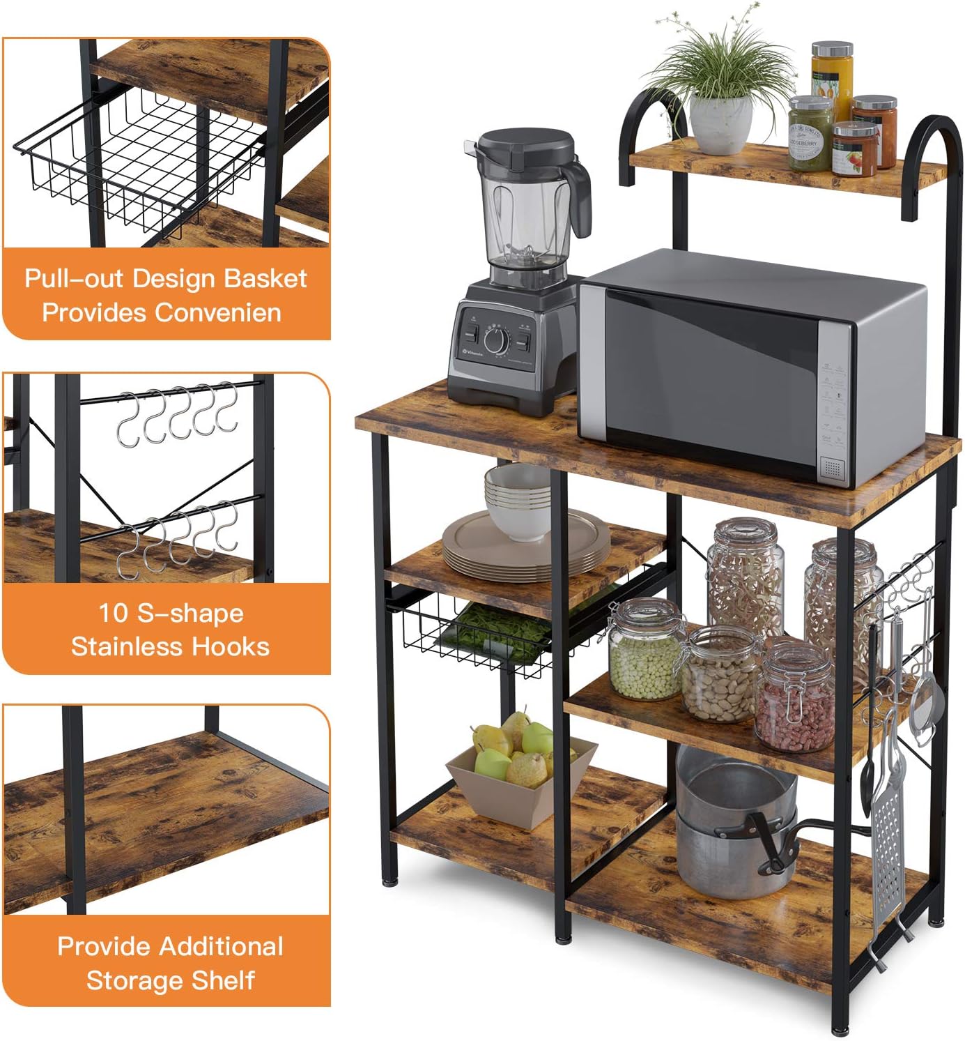 ODK Kitchen Bakers Rack, Utility Storage Shelf Microwave Oven Stand, 3-Tier+4-Tier Coffee Bar Table with 10 S-Shape Hooks, for Spice Rack Organizer Workstation, Metal Frame, Vintage Brown - Standing Baker's Racks