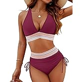 Blooming Jelly Womens High Waisted Bikini Sets Color Block Tummy Control 2 Piece Swimsuits 2025 (S, Purplish Red)