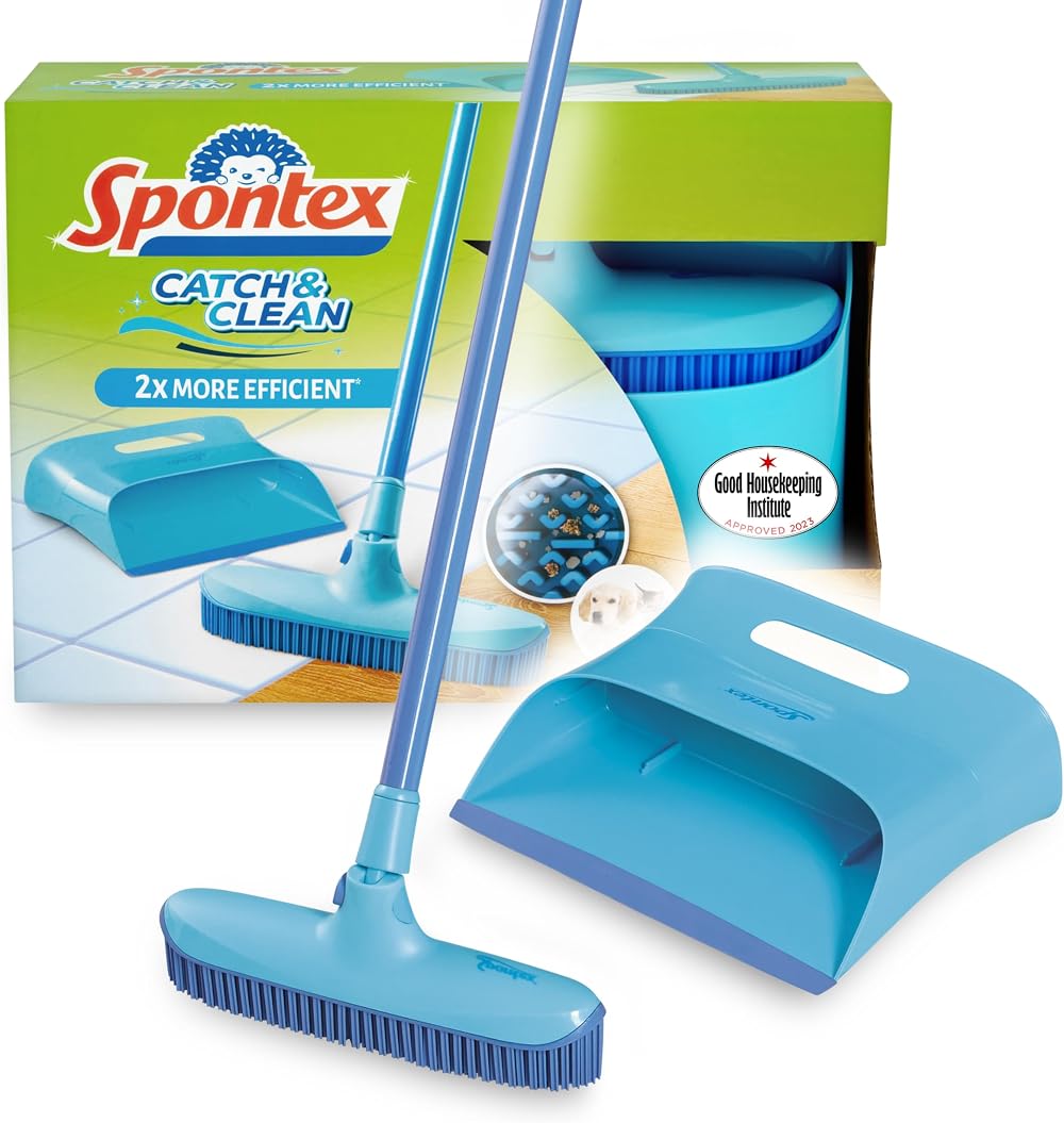 Spontex Catch & Clean Indoor Rubber Broom Dustpan Set Pet Hair Removal