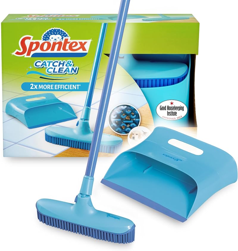 Spontex Catch & Clean Indoor Rubber Broom Dustpan Set Pet Hair Removal