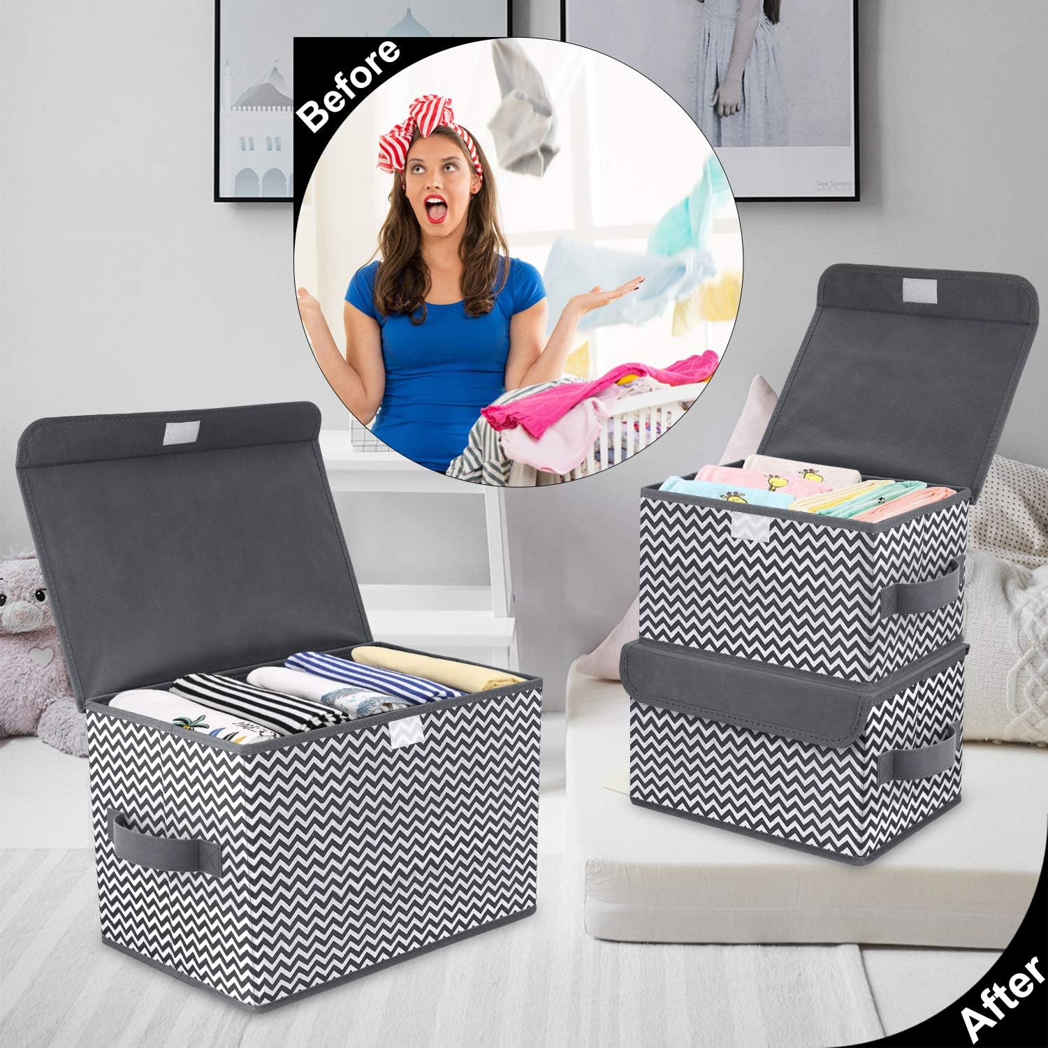 DIMJ 3 Pack Foldable Storage Boxes with Lids Collapsible Bin with Handle Fabric Basket Wardrobe Organiser Box for Clothes Toys - Image 3
