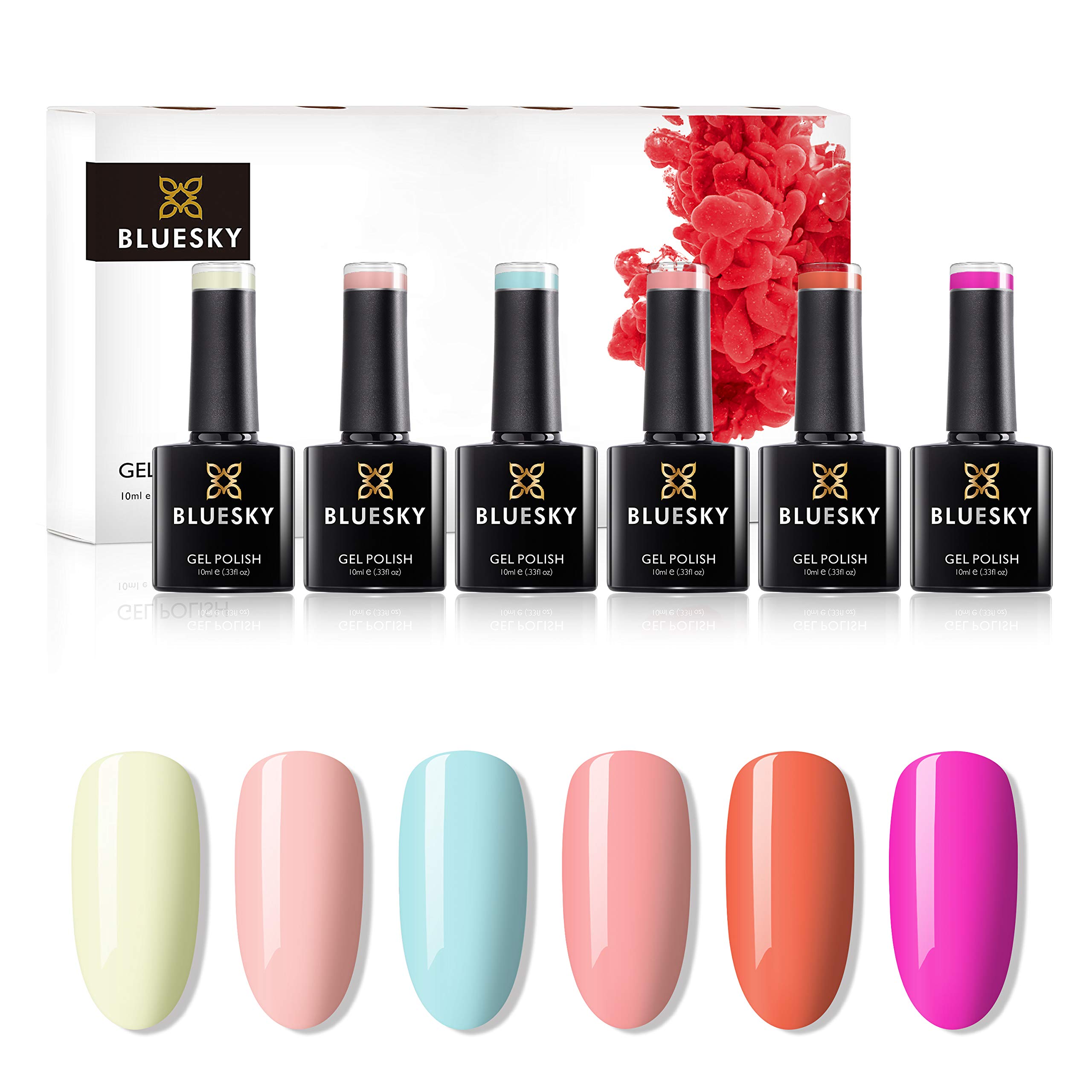 Bluesky Gel Nail Polish Set, Complete Summer Party Collection, 6 x 10ml, Pink, Green, Blue, Orange, Green, Peach (Requires Curing Under LED/UV Lamp)
