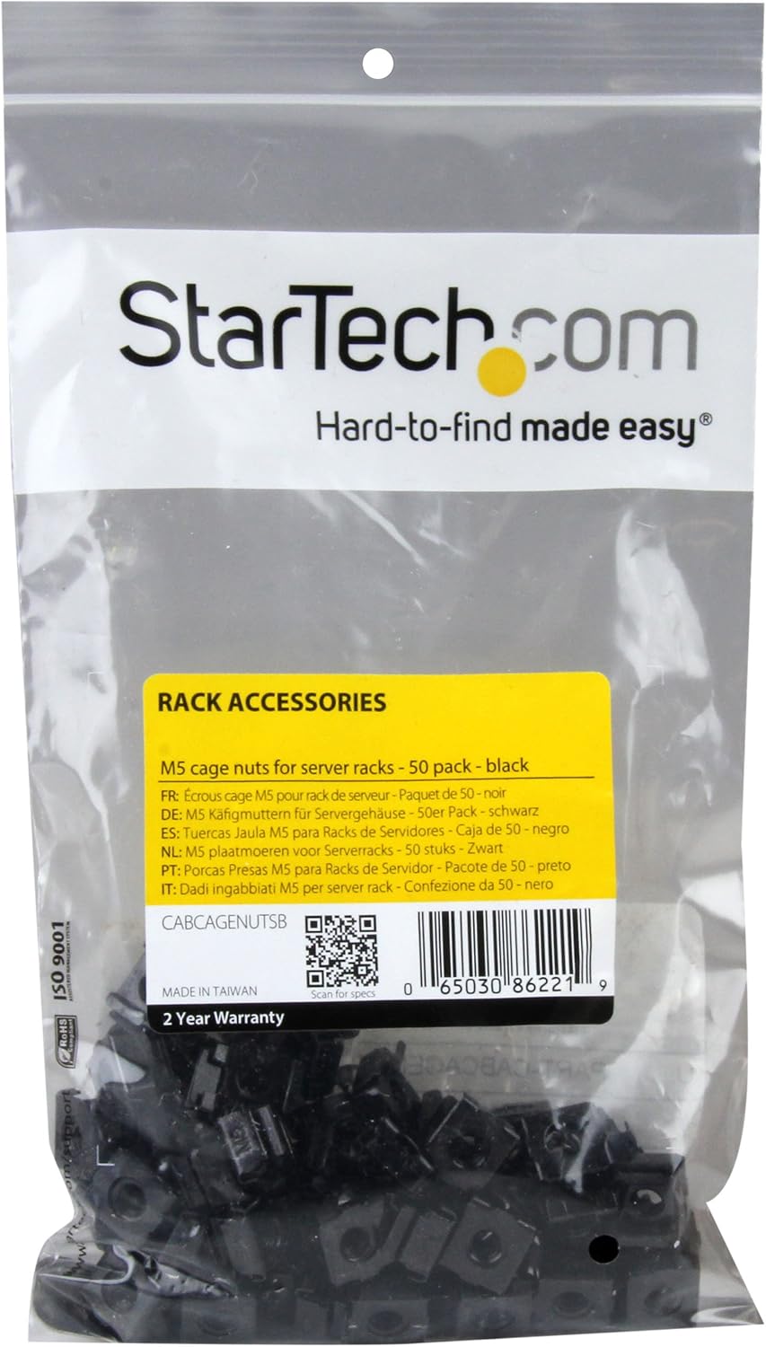 StarTech.com M5 Cage Nuts - 50 Pack, Black - M5 Mounting Cage Nuts for Server Rack & Cabinet (CABCAGENUTSB) - Image 3