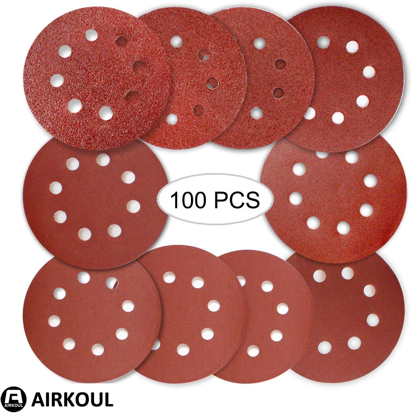 Airkoul 100PCS 5 inch 8 Hole Hook and Loop Round Sandpaper Discs Sanding Sheets Assorted 40 60 80 120 180 240 320 400 600 800 Grits for Power Random Orbit Sanders