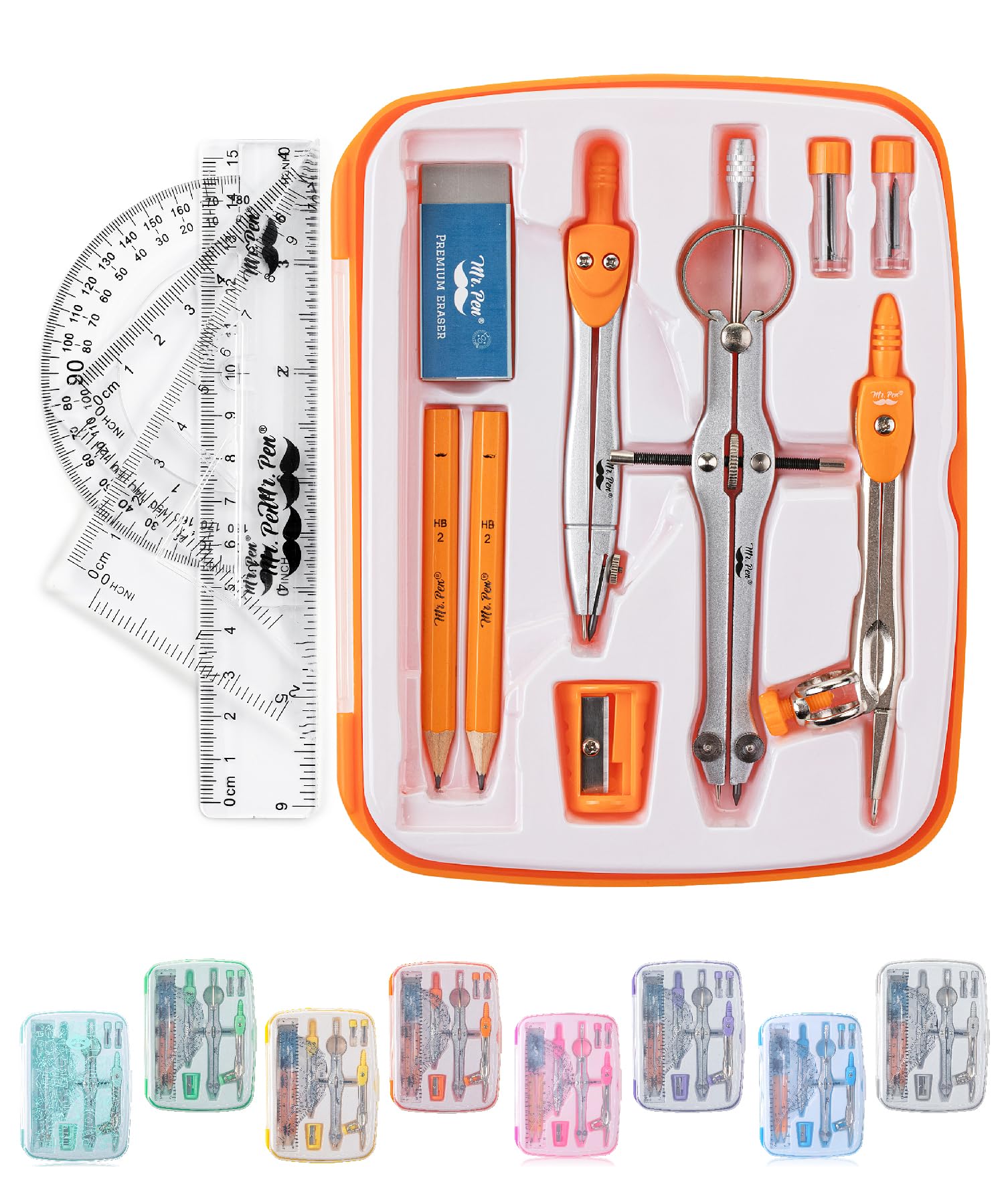 Photo 1 of Mr. Pen- Geometry Set, 13 pcs, Compass for Geometry Compass, Geometry Kit Set with Shatterproof Storage Box, Math Compass, Geometry Set for School, Compass Math, Protractor and Compass Set, Orange