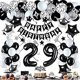 Miidenks 29th Birthday Decorations for Men Women, Black White and Silver Happy 29 Party Decor Set with 29 Number Foil Balloons, Banner, Cake Topper for Him Her