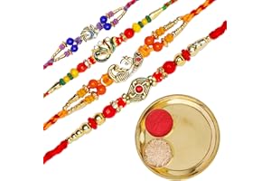 ADITRI CREATION Rakhi Thali Plate Platter with Bhai Bhabhi Rakhi Bracelet Dora Pack Set of 4 Rakhi Brass Puja Thali with Pooja Rakhi Thread for Brother Sister Raksha Bandhan Gift Set Pooja Rituals(Plate Size:- 5")